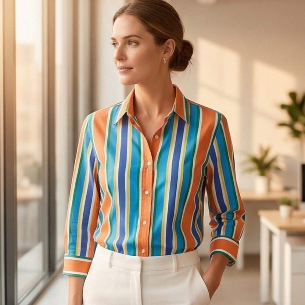 Lauren Ralph Laurenβ Womens 1X Multi Color Striped Cotton 3/4 Sleeve Shirt Top